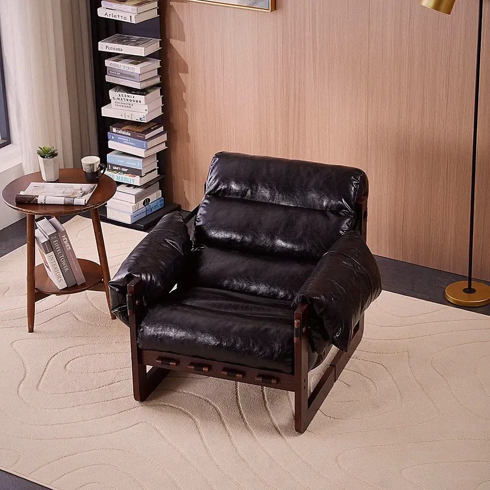 25.6" Vintage Leather Lounge Chair, Removable Armrests, Antique Black