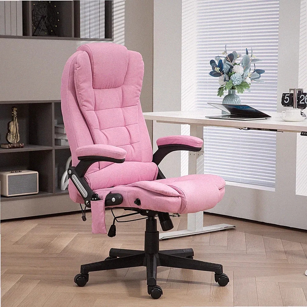 6-Point Vibrating Massage Office Chair with Heat – Pink Linen High Back Recliner