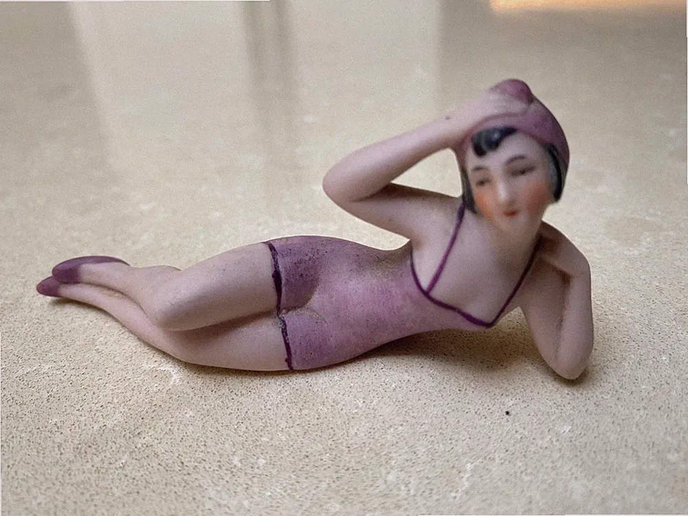 Antique Bathing Beauty German Bisque porcelain reclining lady figure 1920's