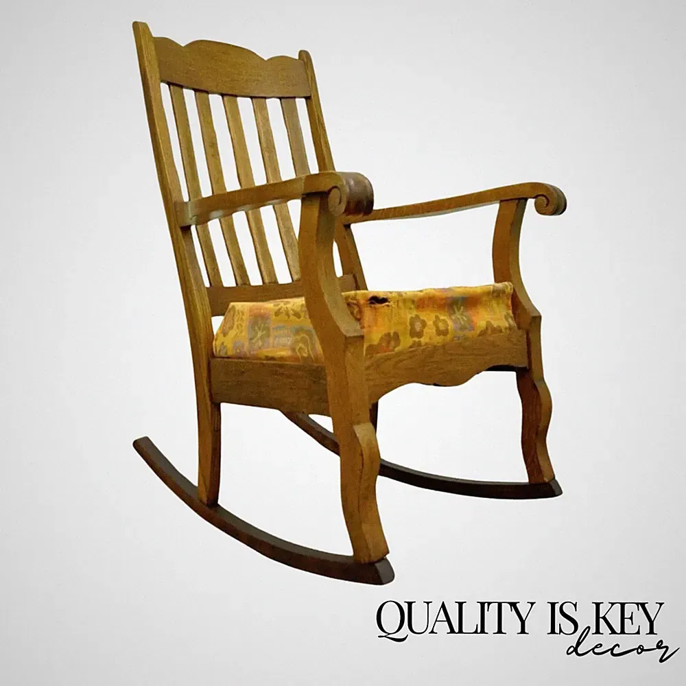 Antique Mission Arts & Crafts Carved Solid Oak Rocking Lounge Chair Rocker vtg