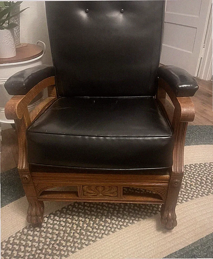 Antique Wooden Reclining Armchair with Black Leather and Carvings