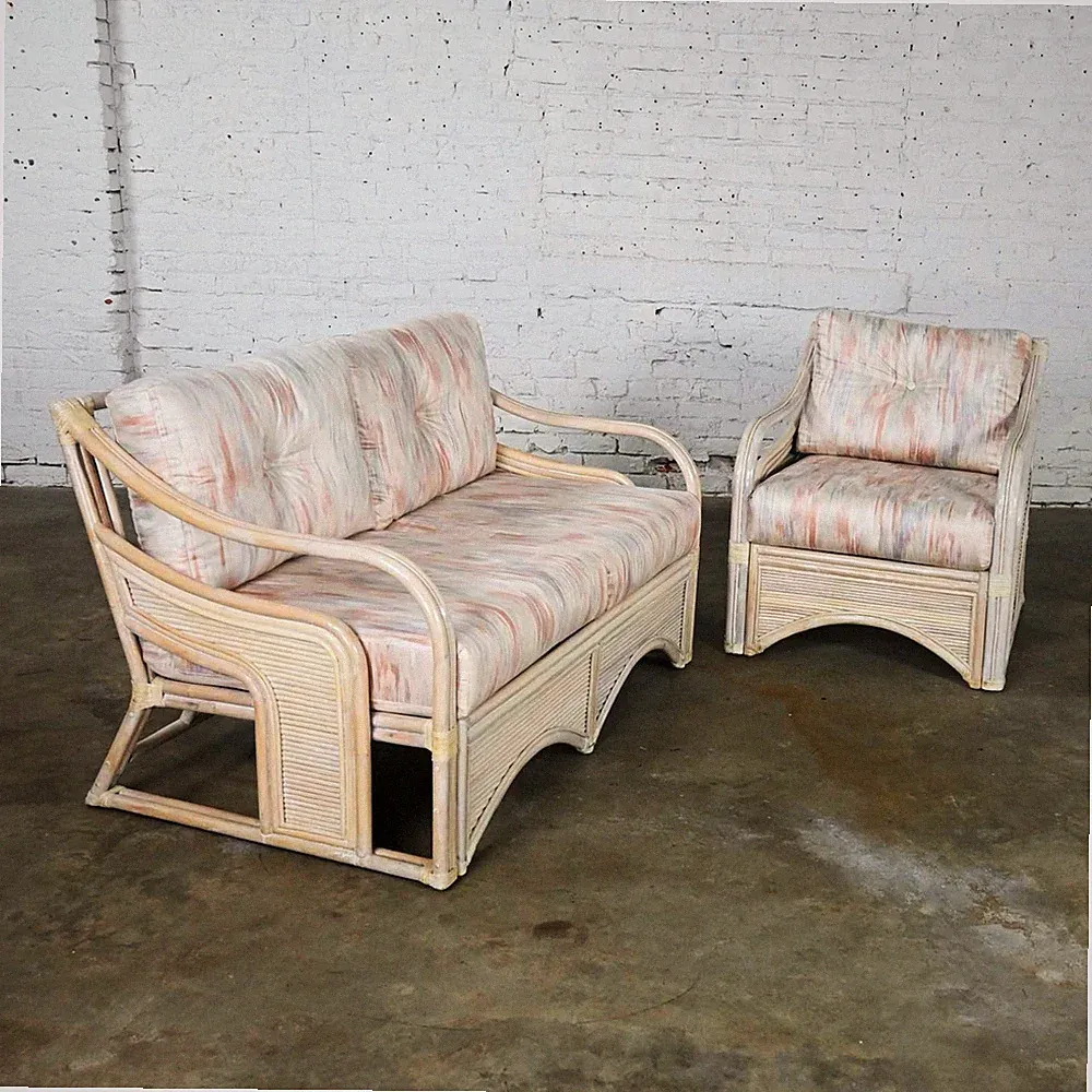 Cerused Reeded Rattan Love Seat & Lounge Chair Manner of Gabriella Crespi