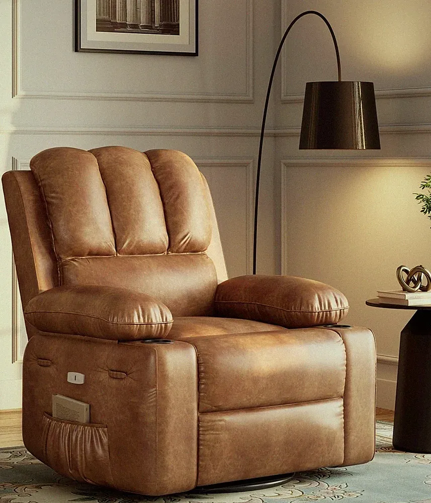 Electric Recliner Chair Massage Heat,PU Leather Swivel Rocker,Remote&Cup Holder