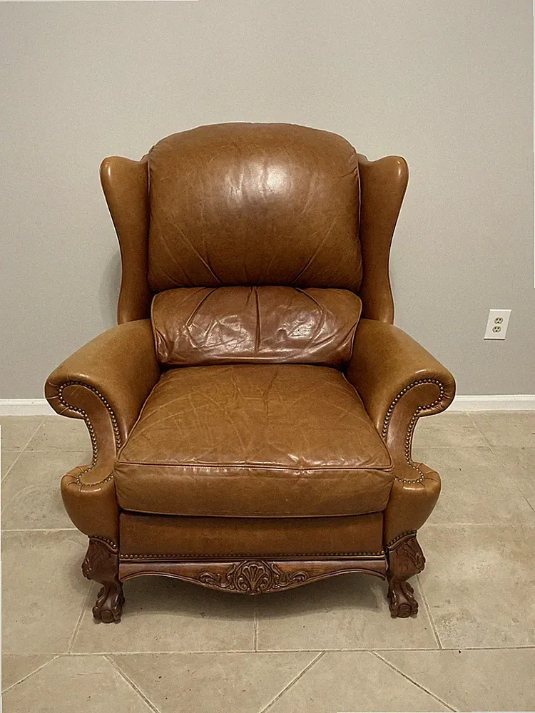 Hancock & Moore Claw foot Tan Leather Vintage Queen Anne Recliner Chair USA Made
