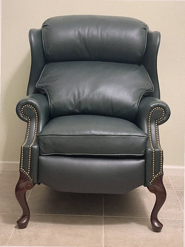 Hancock & Moore Green Leather Queen Anne Recliner Chair Vintage Nos