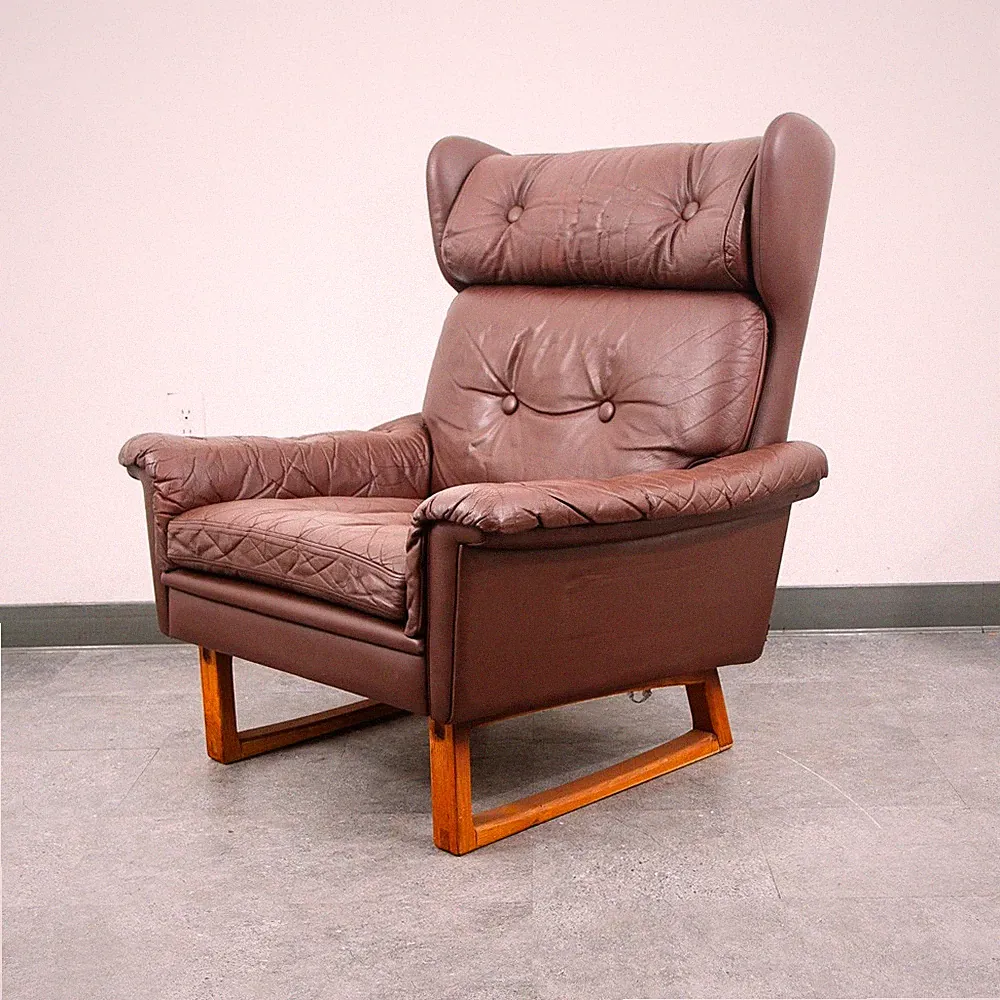 Mid Century Danish Modern Lounge Chair Wingback Brown Leather High Back Armchair