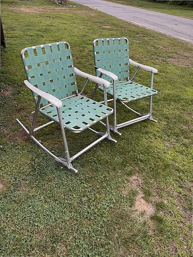Set Of 2 Vtg Aluminum Rocking Lawn Chairs Green Woven Seat Matching *Read*