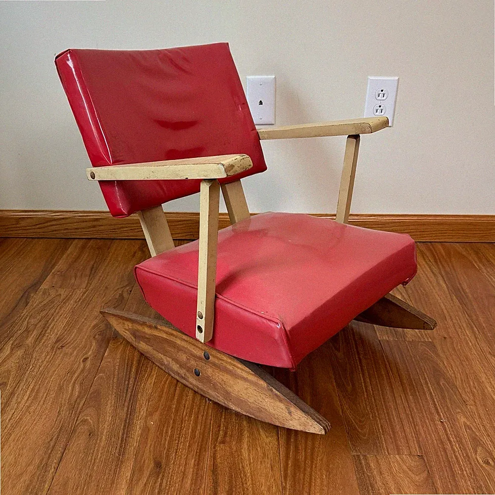 Vintage Children's KID SIZE Retro Red Vinyl wooden Rocking Lounge chair