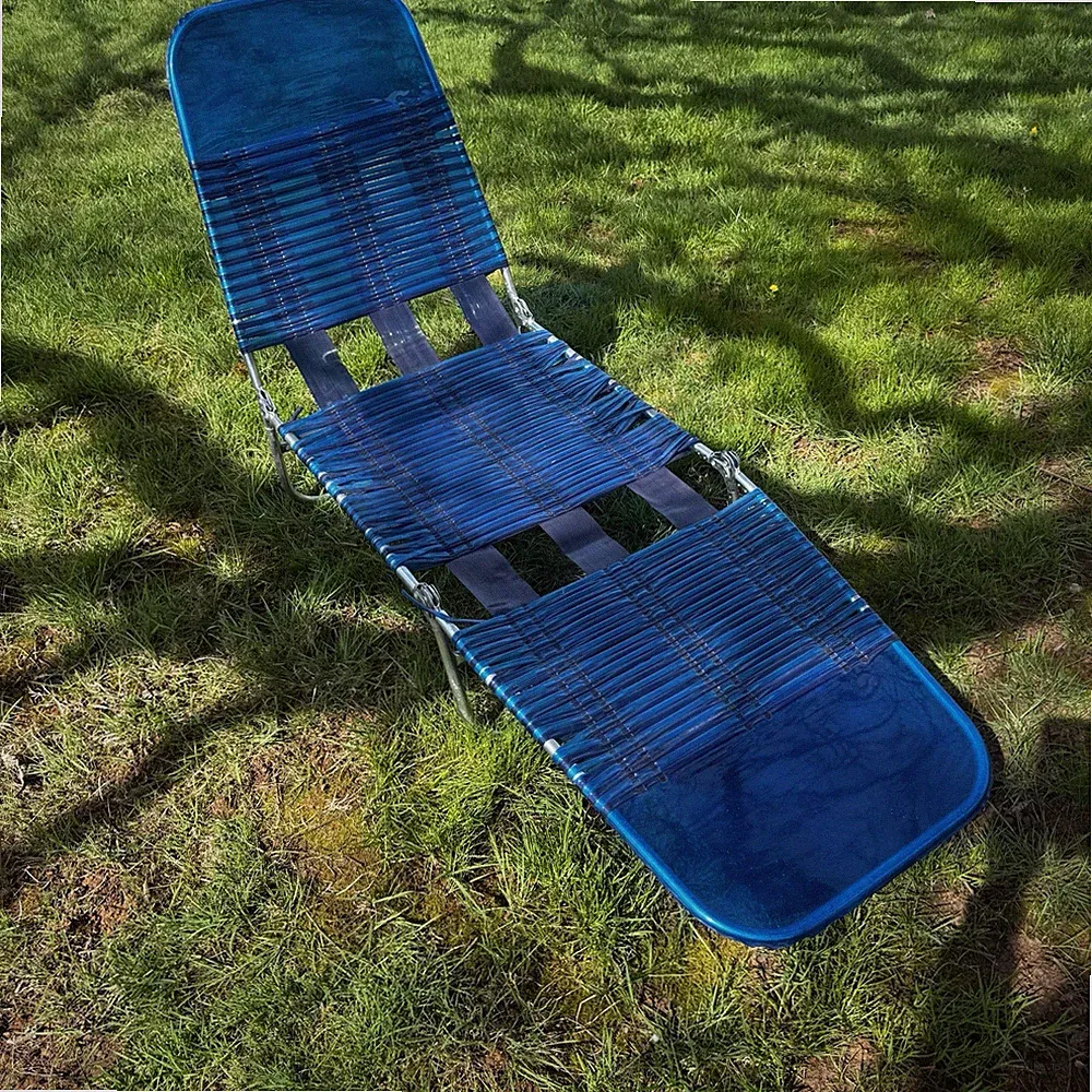 Vintage Folding Chaise Lounge Blue Vinyl Webbed Strap Aluminum Retro Patio