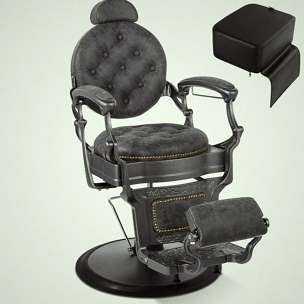 Vintage Gray All Purpose Barber Chair Recline Hydraulic Salon w/Kid Booster Seat