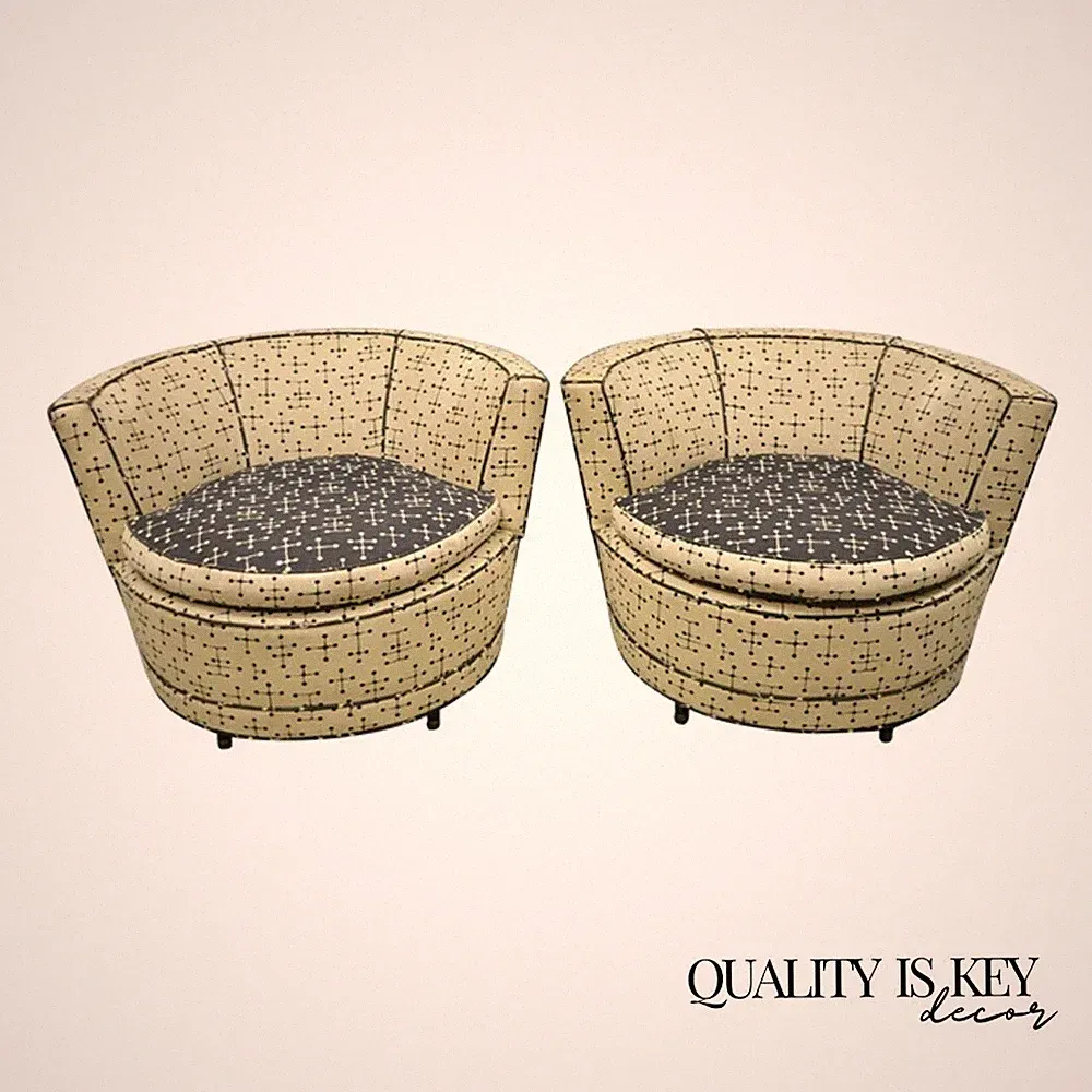 Vintage Mid Century Modern Round Upholstered Oversized Club Lounge Chairs - Pair
