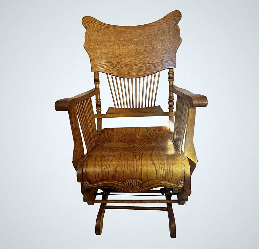 Vintage Oak Pressed Wood Glider Style Rocking Chair w Spindles High Back armrest